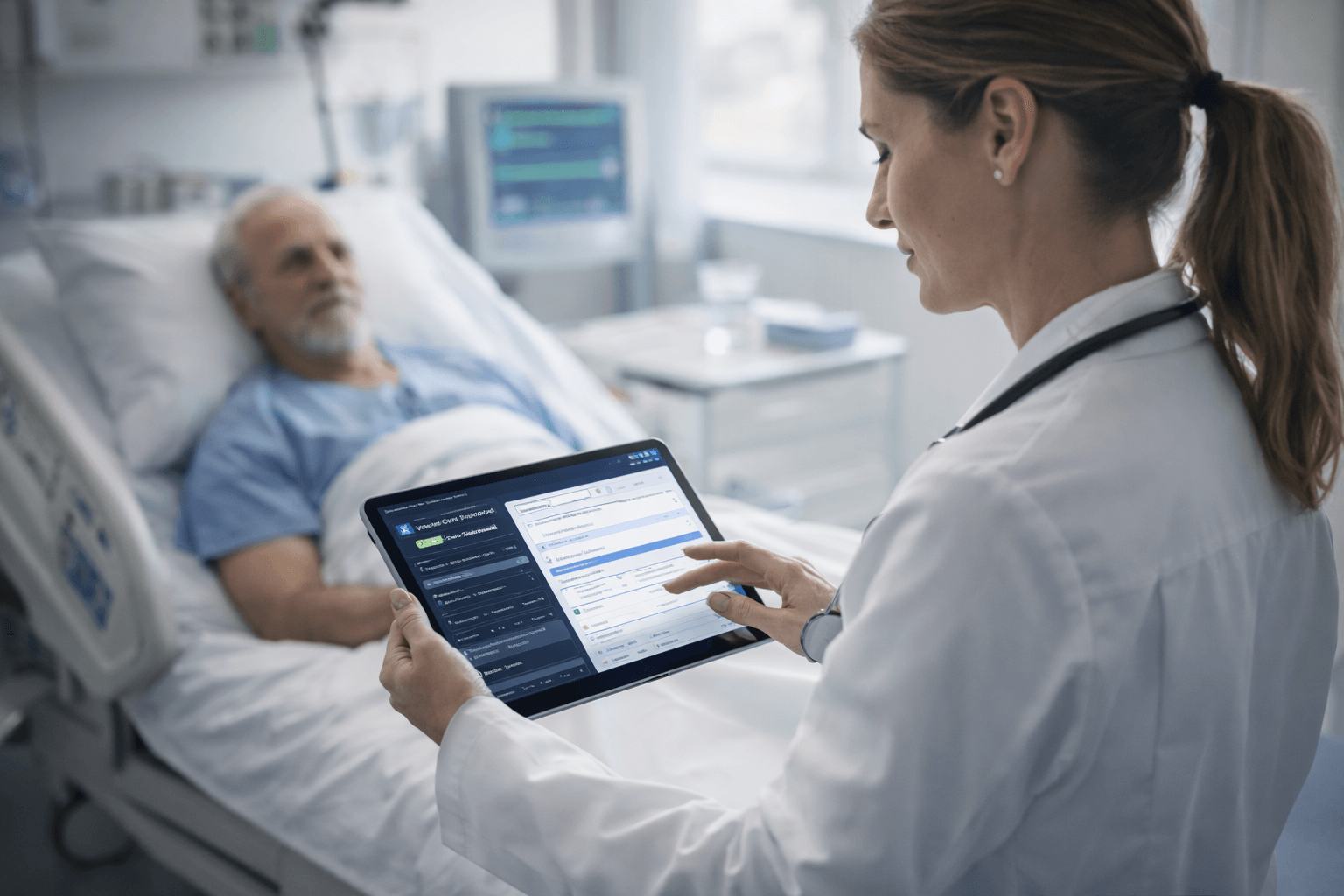 Female physician reviewing structured clinical protocol on tablet beside hospitalized patient