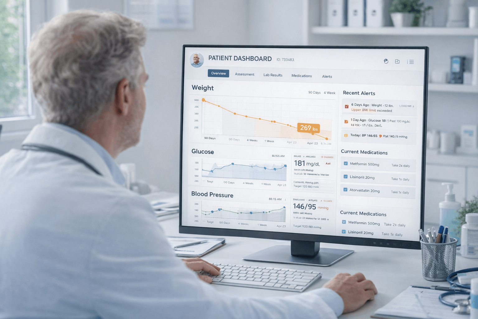 Doctor reviewing metabolic patient dashboard with weight, glucose and blood pressure trends