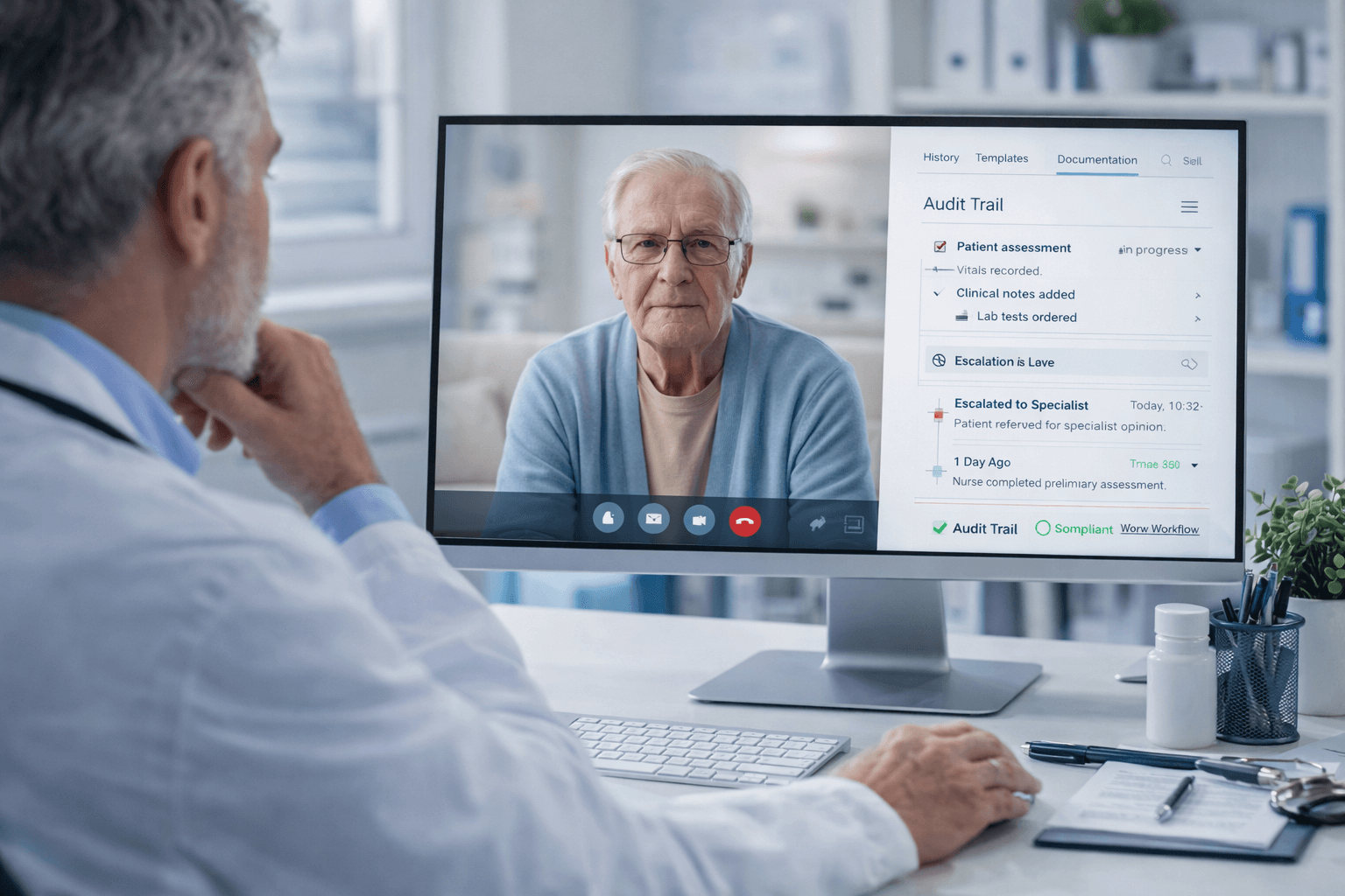 Doctor conducting teleconsultation with elderly patient with structured audit trail interface
